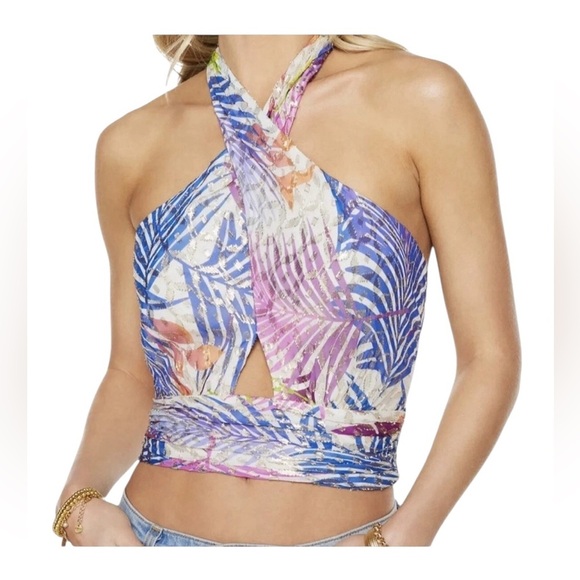 Ramy Brook Tops - RAMY BROOK Louisa Palm Metallic Print Crop Halter Top Size L